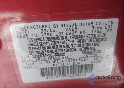 2016 Nissan Versa 1.6 S/1.6 S+/1.6 Sl/1.6 Sv z USA, uszkodzony, nr VIN 3N1CN7AP0GL880362